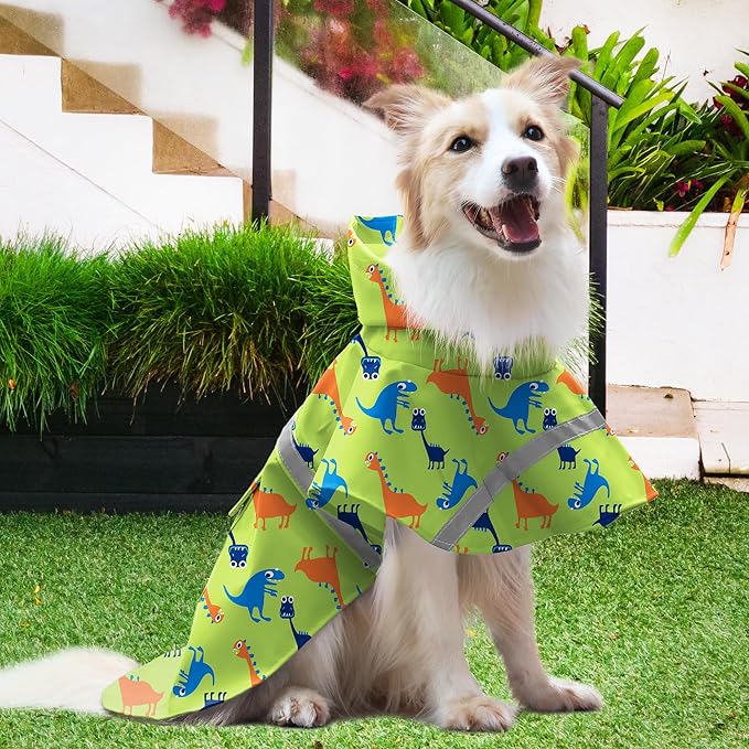 NACOCO Large Dog Raincoat Adjustable - Pet Dinosaurs Water Proof Clothes Lightweight Rain Jacket Poncho Hoodies with Strip Reflective Green (XXXL, Green Dinosaur)