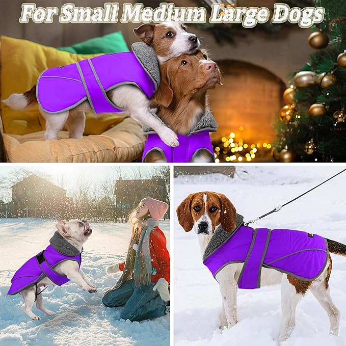 Dogcheer Dog Coat, Waterproof Dog Jacket Reflective Pet Winter Coat with Adjustable Hook & Loop, Christmas Puppy Fleece Jacket Warm Turtleneck Snowsuit for Small Medium Large Dogs - Purple, 2XL