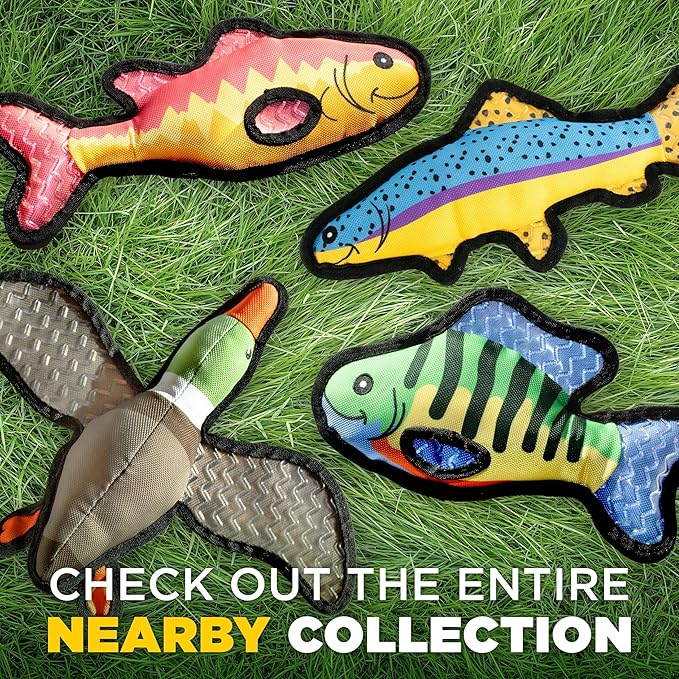 Plush Dog Toys | 2 Pack Flying Duck & Trout Fish Stuffed Animal Squeaky Toy for Dogs | Outdoor Pet Toy Built for Adventure