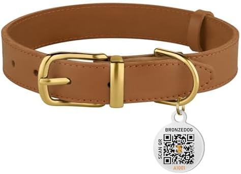 BRONZEDOG Leather Dog Collar with QR ID Tag Basic Pet Collars for Small Mini Dogs Cats Puppies (7-9 Inch (Pack of 1), Light Brown & Gold Buckle)