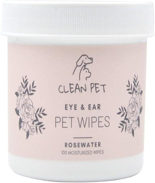Veterinary Eye & Ear Wipes for Dogs & Cats - Removes Tear Stains & Infection Treatment - Hypoallergenic Rosewater - 100 Count