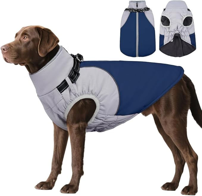 DENTRUN Dog Coat with Harness Built in, Easy On/Off Zipper Closure Winter Dog Vest, Water-Repellent Fleece Lined Warm Jacket with Reflective for Large Dogs, Dark Blue, XL