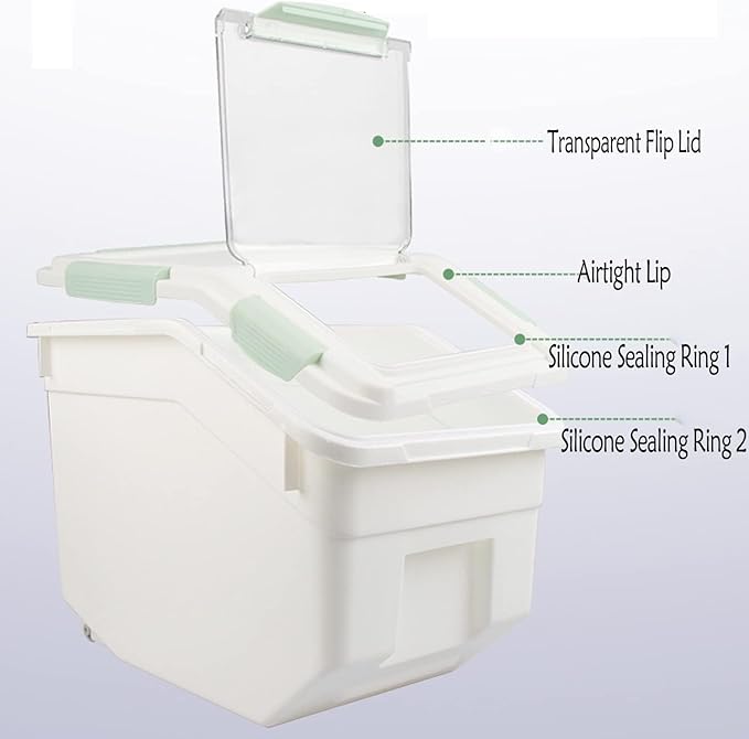 Large Flour Storage Container 25lb, 2 Pack BPA FREE Plastic Airtight Rice Storage Bin Pantry and Kitchen Food Organization, Barrel Measuring Cup and Airtight Lid for Sugar [Green ]