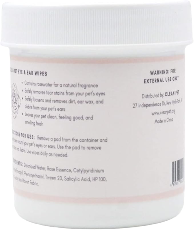 Veterinary Eye & Ear Wipes for Dogs & Cats - Removes Tear Stains & Infection Treatment - Hypoallergenic Rosewater - 100 Count