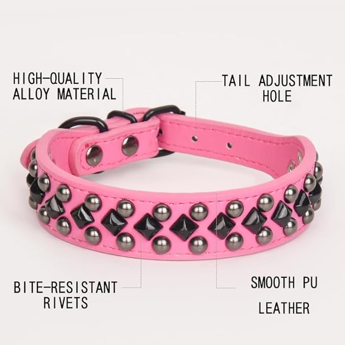 Serijoars Spiked Studded PU Leather Dog Collar for Small, Medium, Large Breeds, Pit Bull, Bully, Husky, Terrier, Adjustable (Pink, L (41-47CM))
