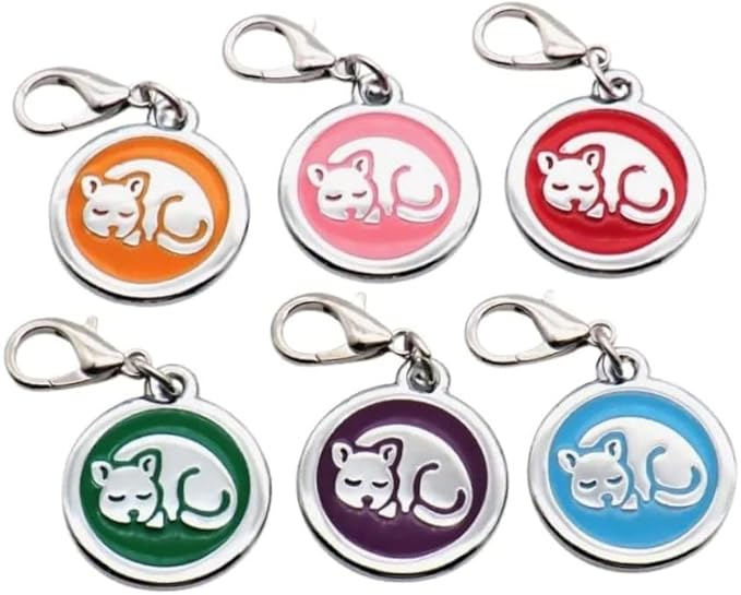 Personalized Pet ID Tags with Lobster Claw Clasp for Kittens and Cats - Small pet Tags for Collars, cat Name Tags, Custom cat id tag (Sleeping-Round-Small: Red)