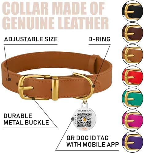 BRONZEDOG Leather Dog Collar with QR ID Tag Basic Pet Collars for Small Mini Dogs Cats Puppies (7-9 Inch (Pack of 1), Light Brown & Gold Buckle)