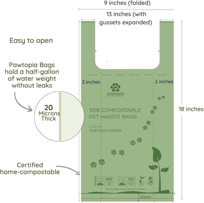 Pawtopia Certified Home Compostable Pet Waste Bags (Extra Large, 100 Bags, Handles, Single Roll) Biodegradable Poop Bags, Vegetable Starches, Leak proof Dog Waste Bags, Cat Litter Fit Any Scoop