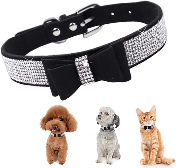 Serijoars Small Dog Collar with Rhinestone Crystal Diamond Colorful Bling Girl Puppy Cat Collars (XS, Black1)