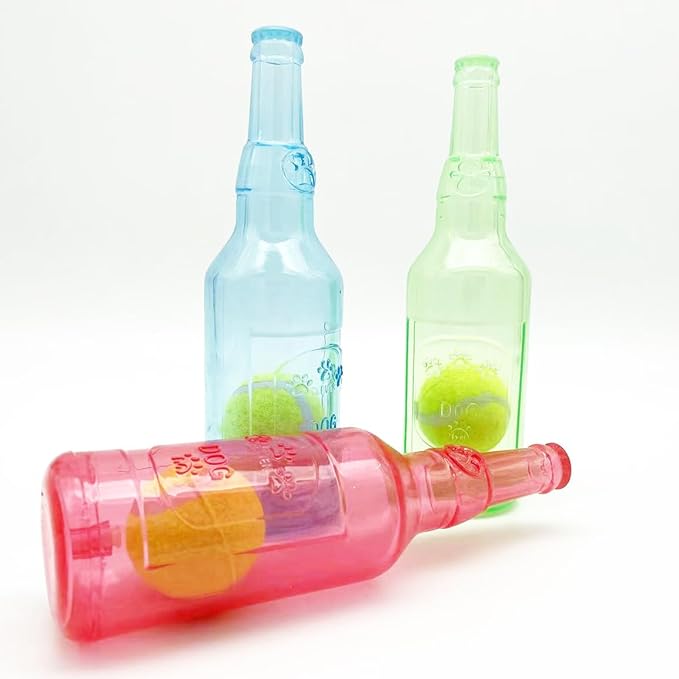 Wine Bottle Dog Toy, Fun Interactive Cute Squeaky Dog Toys with Tennis Ball Inside, Ideal for Large/Medium/Small Dogs to Fetch Games and Bonding Time, Not for Heavy Chewers, Large-Blue