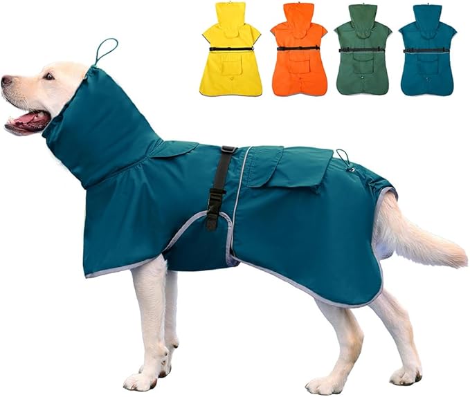 Reflective Dog Raincoat Waterproof Adjustable Dog Hooded Poncho Raincoat for Medium Large Dogs, Lightweight Pet Rain Jacket (Blue, L)