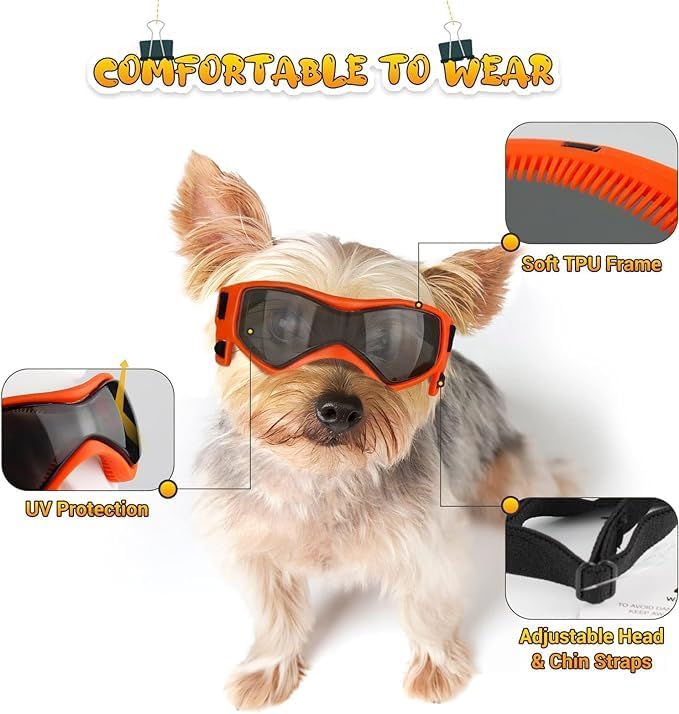 Dog Goggles Small Breed, Dog Sunglasses Small Breed Dog Eye Sun Light Protection, UV Protection Goggles for Dog with Adjustable Straps, Small Orange
