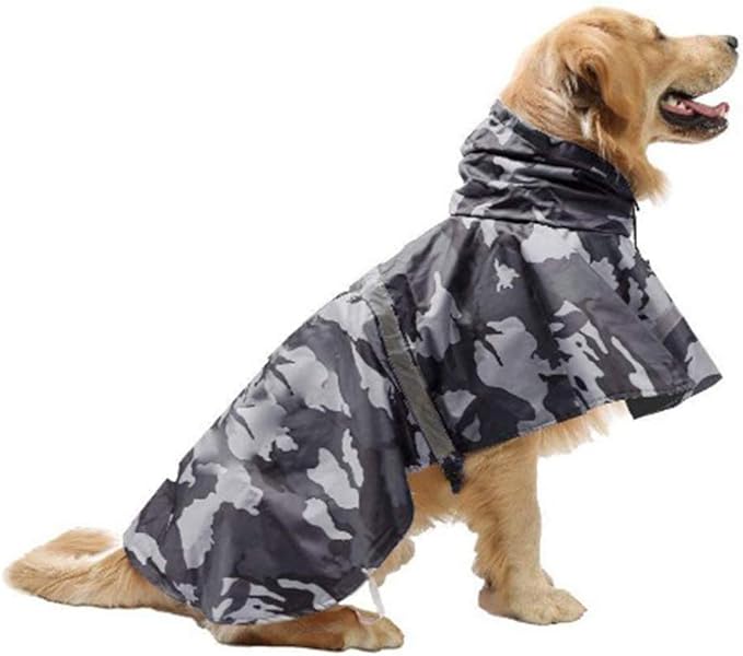 Mikayoo Large Dog Camouflage Raincoat Ajustable Pet Waterproof Clothes Lightweight Rain Jacket Poncho Hoodies with Strip Reflective(Gray XL)