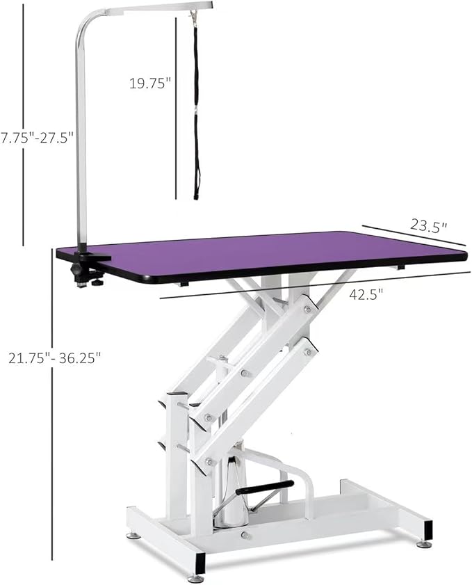 42.5" Hydraulic Dog Grooming Table for Large Dogs Heavy Duty Height Adjustable Dog Grooming Table with Overhead Arm & Noose Height Range 21-36 inch Purple