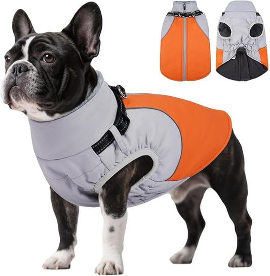 DENTRUN Dog Coat with Harness Built in, Adjustable Winter Dog Coat with Reflective Strips, Fleece Lined No Sleeves Jacket for Chihuahua, Orange, S