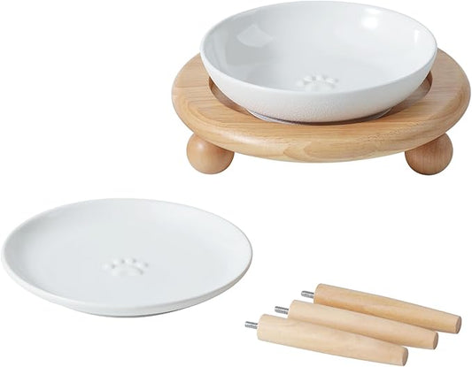 Raised Ceramic Wide Whisker Friendly Cat Dishes, Food&Water Bowl with 2 Style Stand Adjustable Pet Bowl Set(1Dish+1Shallow Dish+Stand, White