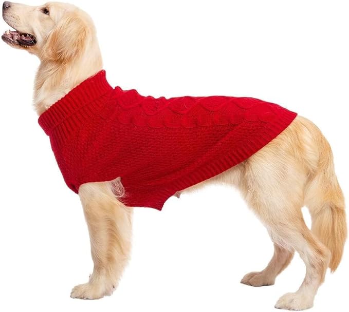 Mihachi Turtleneck Dog Sweater - Winter Coat Apparel Classic Cable Knit Clothes with Leash Hole for Cold Weather, Ideal Gift for Pet in New Year Red Medium/Large