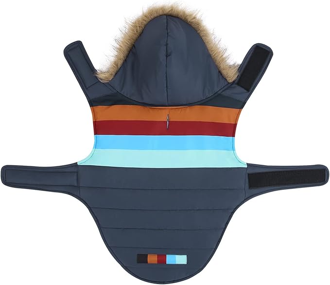 HDE Dog Puffer Jacket Fleece Lined Warm Dog Parka Winter Coat with Harness Hole Navy Retro Stripe - XXL