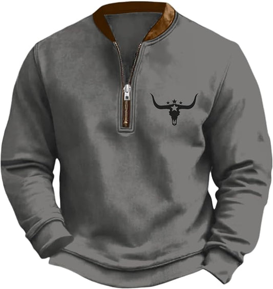 HOTYD Aztec Cowboy Jacket Men Vintage Bullhorn Printed Oversized Western Sweatshirt Long Sleeve Quarter Zip Pullover