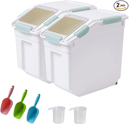 Large Flour Storage Container 25lb, 2 Pack BPA FREE Plastic Airtight Rice Storage Bin Pantry and Kitchen Food Organization, Barrel Measuring Cup and Airtight Lid for Sugar [Green ]