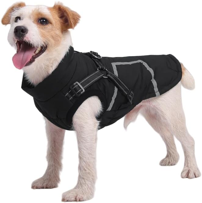 Warm Dog Coat Reflective Jacket, Waterproof Winter Coat for Dogs Turtleneck Dog Clothes for Cold Weather (Black, L(Chest:15.7-18.9",Neck:(15.3"))