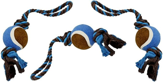 Dog Rope Toy with Tennis Ball, Nylon Rope with Balls, Fun Tug of War Toy for Dogs, Tough Dog Toy for Aggressive Chewers, Eskimo, Terrier, Beagle & More (3 Set Rope Dog Toy Blue Ball)