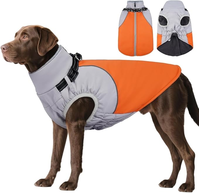 DENTRUN Dog Coat with Harness Built in, Easy On/Off Zipper Closure Winter Dog Vest, Fleece Lined Warm Jacket with Reflective for Labrador, Orange, L