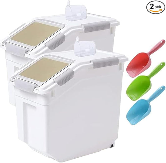 Large Flour Storage Container 25lb, 2 Pack BPA FREE Plastic Airtight Rice Storage Bin Pantry and Kitchen Food Organization, Barrel Measuring Cup and Airtight Lid for Sugar [Grey ]