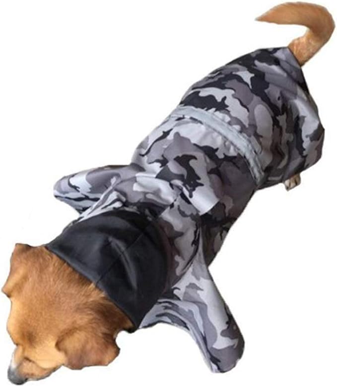 Mikayoo Large Dog Camouflage Raincoat Ajustable Pet Waterproof Clothes Lightweight Rain Jacket Poncho Hoodies with Strip Reflective(Gray XXL)
