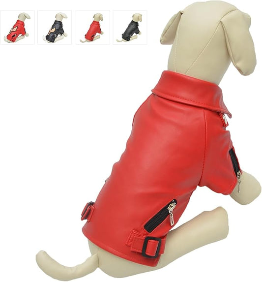 Lovelonglong Cool Dog Leather Jacket, Warm Coats Dogs Windproof Cold Weather Coats for Large Medium Small Dogs, Boston Terrier Clothing Red XXL