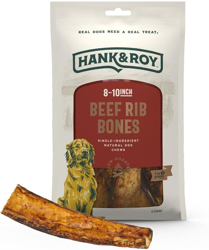 Hank & Roy All-Natural, Single-Ingredient 8-10” Beef Rib Bones for Dogs, Long Lasting, Engaging Dog Bones, Individually Wrapped for Odor Control and Freshness