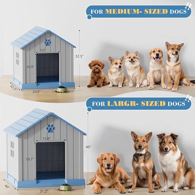 Dog House for Outdoor & Indoor Use with Window, Waterproof Ventilated Kennel with Elevated Floor, Easy to Clean Shelter for Small Medium Large Dogs (Blue, 37.2" L x 40" W x 40" H)