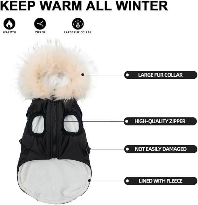 PINA Faux Fur Dog Coat - Warm Winter Jacket with Waterproof Fabric, Reflective Strap for Small to Large Dogs, Black