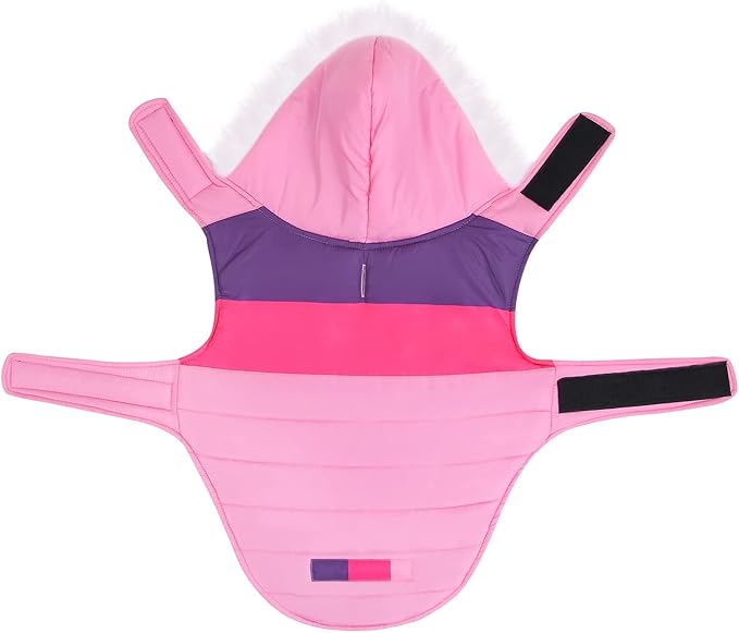 HDE Dog Puffer Jacket Fleece Lined Warm Dog Parka Winter Coat with Harness Hole Pink Stripe - XL