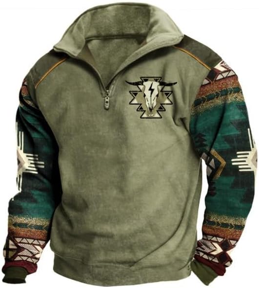 HOTYD Aztec Cowboy Mens Hoodie Vintage Graphic Western Hoodies Casual Long Sleeve 1/4 Zip Pullover Mens Country Jacket