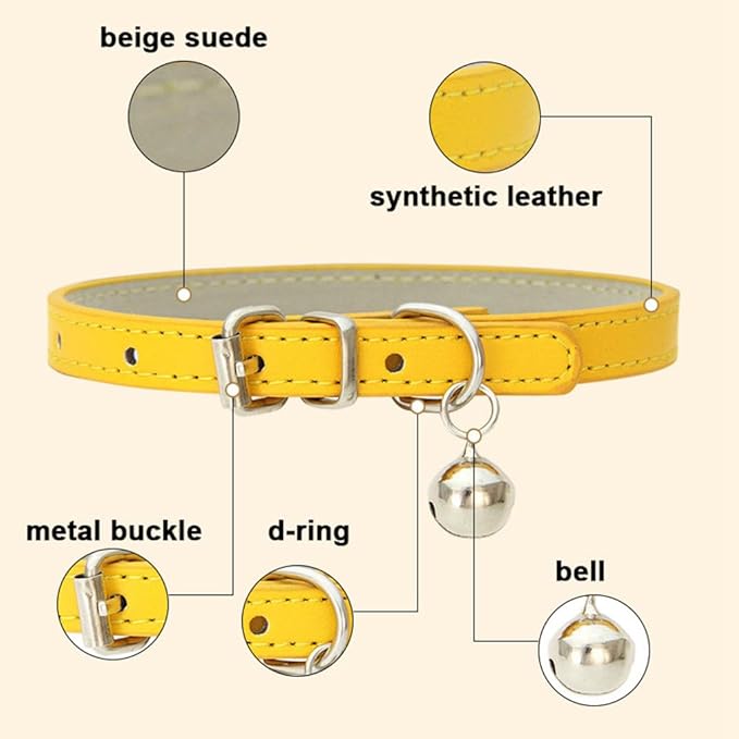 Khaki XXS Dog Collar with Bell, Soft Pu Leather Cat Collars Adjustable Buckle for XS Extra Small Medium Tiny Female Male Boys Girls Pets Puppy Kitten Teacup Yorkie XX-Small