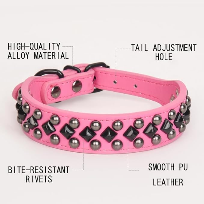 Serijoars Spiked Studded PU Leather Dog Collar for Small, Medium, Large Breeds, Pit Bull, Bully, Husky, Terrier, Adjustable (Hot Pink, XL (45-52CM))