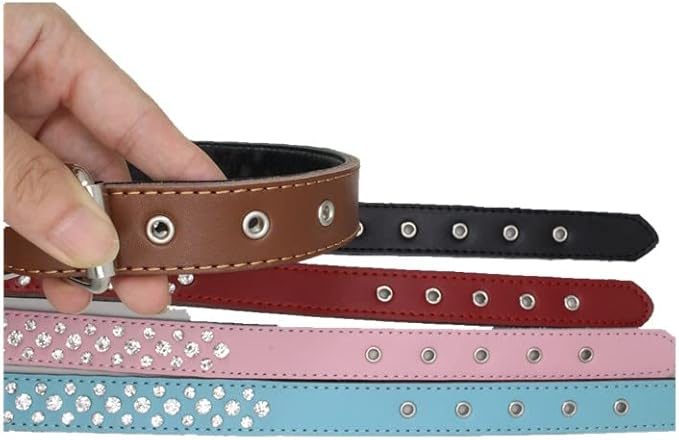 Rhinestones Dog Collar, Adjustable Sparkly Crystal Studded Genuine Leather Pet Dog Collar for Small and Medium Dogs (L, Blue)