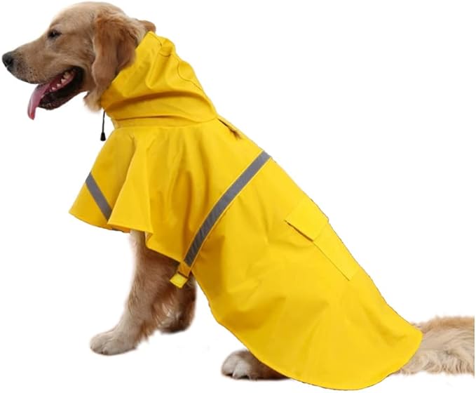 Mikayoo Large Dog Raincoat Adjustable Pet Waterproof Clothes Lightweight Rain Jacket Poncho Hoodies with Strip Reflective(Yellow,L)