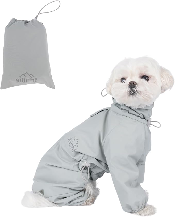 Dog Raincoat, Waterproof Coat, Light Weight & Weather Resistant Shell, Full Coverage Rain Jacket with Legs, Grey, Including Storage Bag, for Small and Medium Breed(Medium)