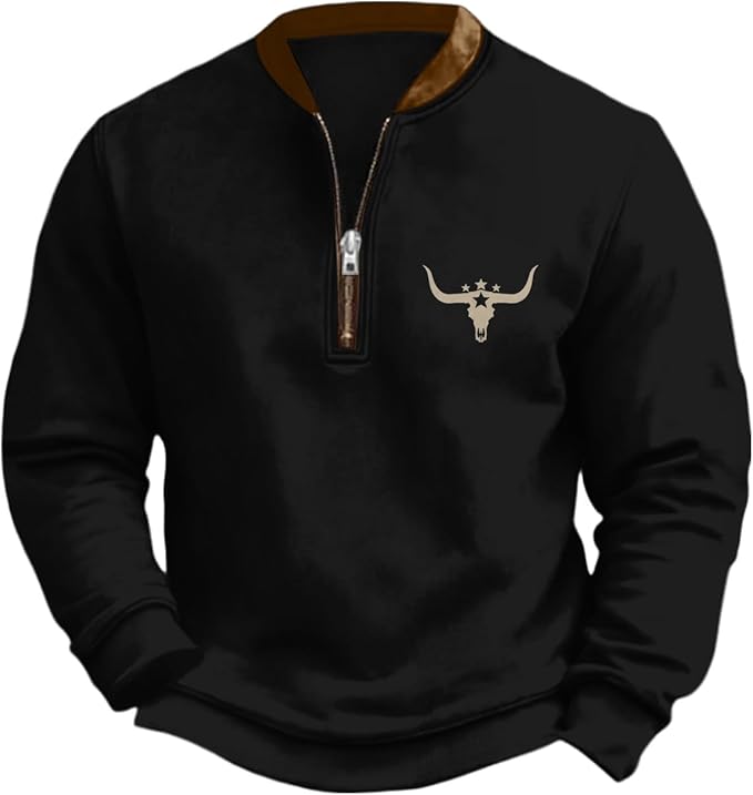 HOTYD Aztec Cowboy Jacket Men Vintage Bullhorn Printed Oversized Western Sweatshirt Long Sleeve Quarter Zip Pullover