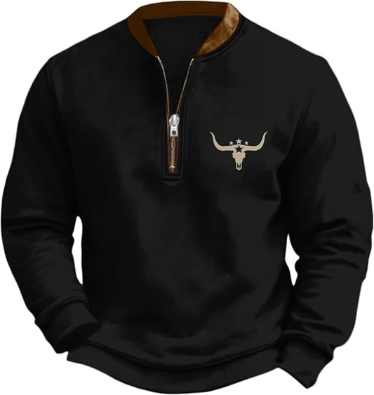 HOTYD Aztec Cowboy Jacket Men Vintage Bullhorn Printed Oversized Western Sweatshirt Long Sleeve Quarter Zip Pullover