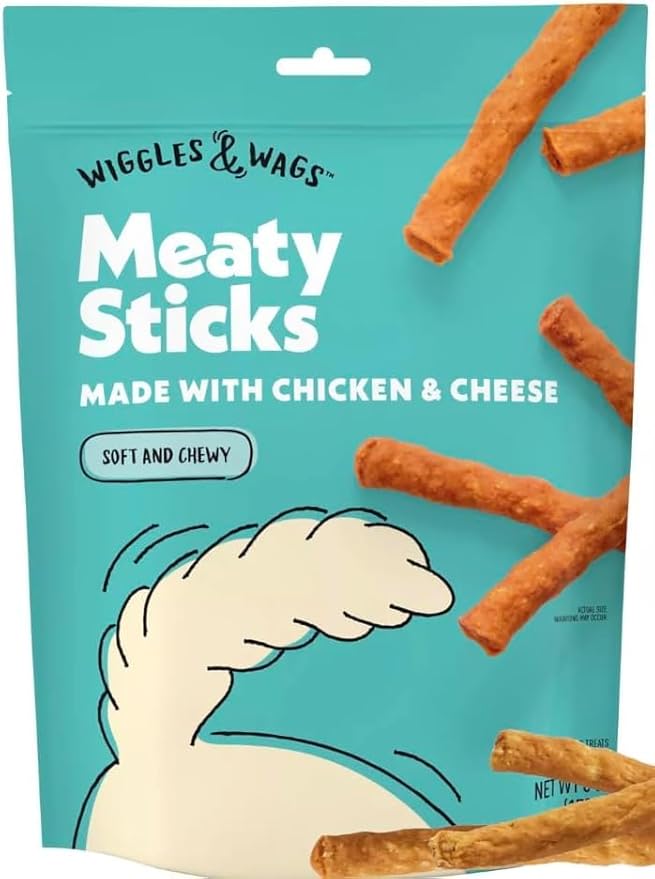 Wiggles & Wags Meaty Sticks Soft Chews, Dog Treats Sticks, Chicken & Cheese Dry Puppy Food - 6oz (Pack of 2), Bundled with Poop Bag