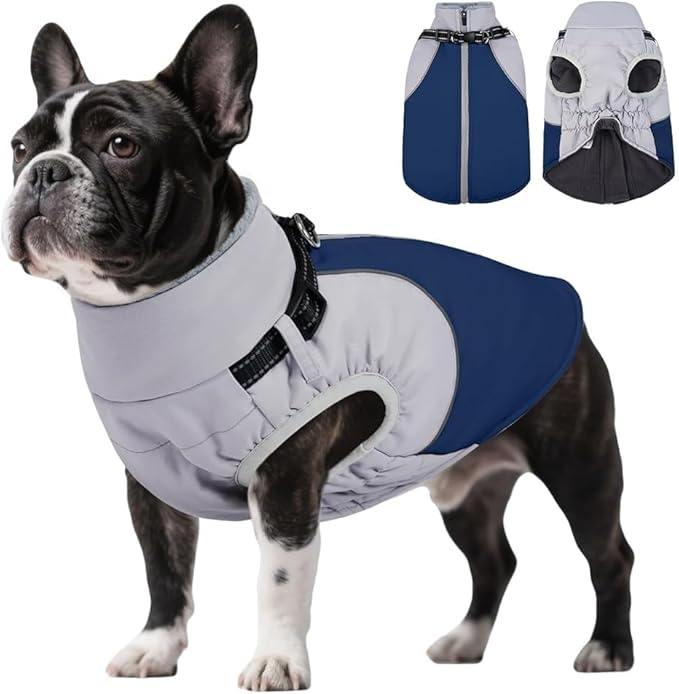 DENTRUN Dog Coat with Harness Built in, Easy On/Off Zipper Closure Winter Dog Vest, Water-Repellent Fleece Lined Warm Jacket with Reflective for Medium Dogs, Dark Blue, M