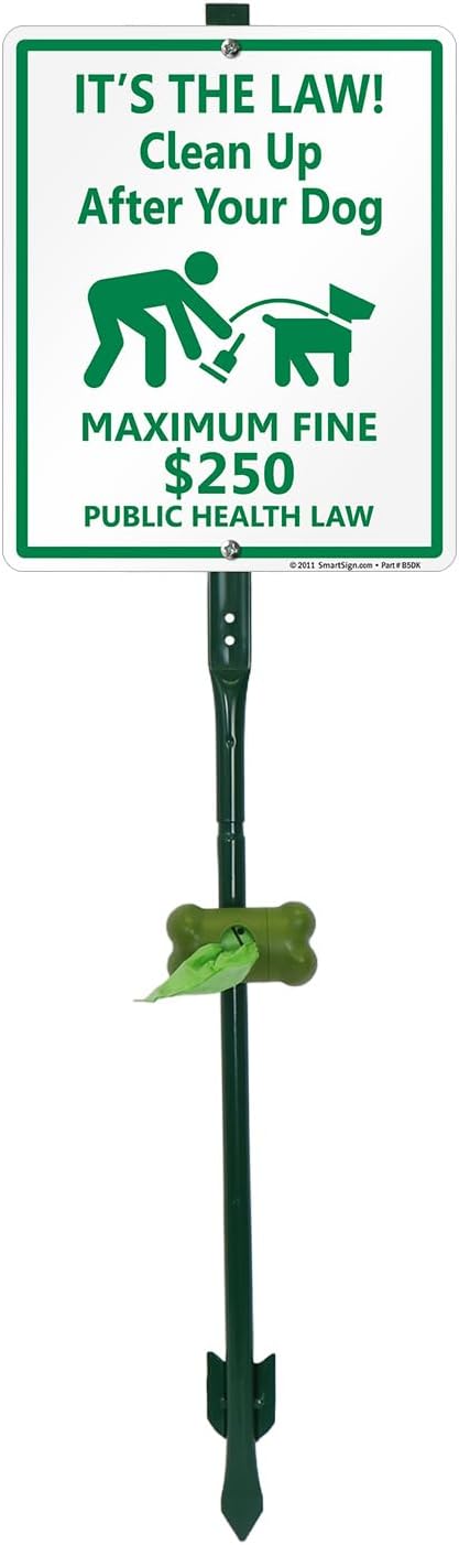 SmartSign It’s Law Clean Up After Your Dog Maximum Fine $250 Yard Sign & Clip-On Plastic Dispenser Combo/Kit, 10"x12" Aluminum Sign with 3ft Stake, Compact Dispenser Preloaded with a 15 Poop Bags Roll