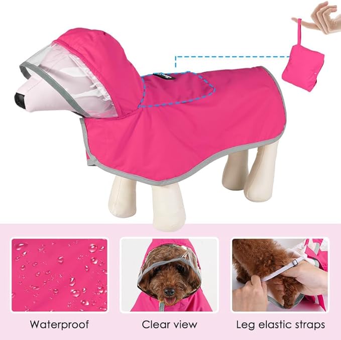 SlowTon Dog Raincoat, Adjustable Dog Rain Jacket Clear Hooded Double Layer, Waterproof Poncho with Reflective Strip Straps and Storage Pocket for Small Medium Large Dogs Puppies(FU M)