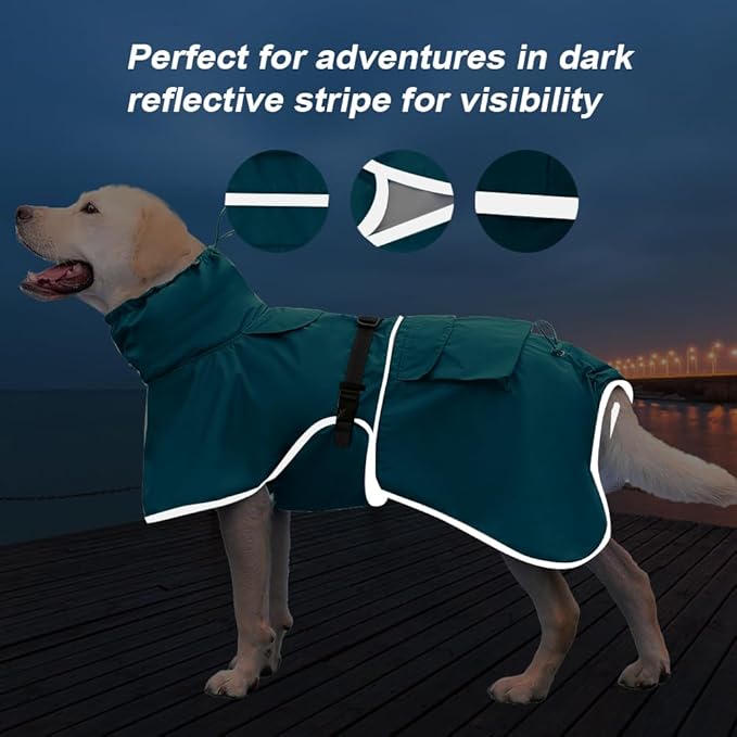 Reflective Dog Raincoat Waterproof Adjustable Dog Hooded Poncho Raincoat for Medium Large Dogs, Lightweight Pet Rain Jacket (Blue, L)