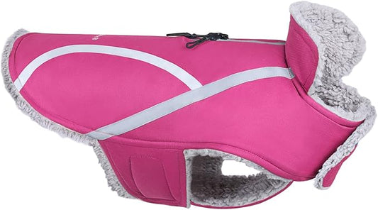 VIVAGLORY Frostfit Dog Coat, Dog Jacket for Winter & Cold Weather, Warm Fluffy Fleece Lined Water Resistant Reflective for Puppy, Coat with Velcro Fastening & Leash Hole, M+, Fuchsia
