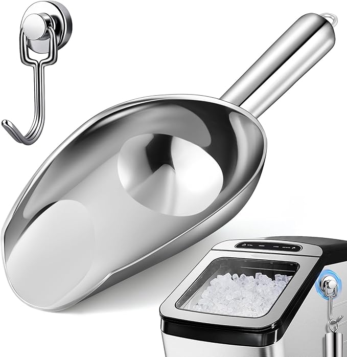 12oz Stainless Steel Ice Scoop for Freezer with Magnetic Hook– Dishwasher Safe Ice Scooper for Ice Machine with Long Handle – Metal Scoop for Ice Bucket, Dog Food, Flour, Canisters