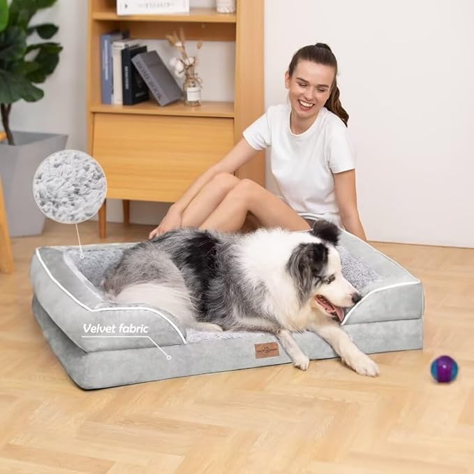 Comfort Expression Orthopedic Dog Bed for Extra Large Dogs 45x35 Inch, Waterproof Supportive Memory Foam XL Pet Bed with Removable Bolsters, Dog Couch with Washable Cover & Non-Slip Bottom, Light Grey